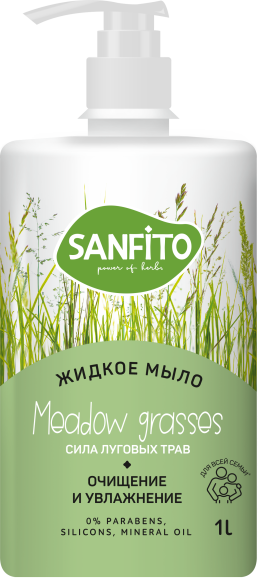 Жидкое мыло SANFITO Energy Очищение и увлажнение, Meadow grasses, сила луговых трав с дозатором, антибактериальное, гипоаллергенное, увлажняющее, 1000 мл
