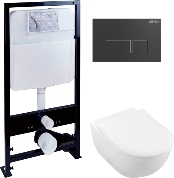 Комплект Унитаз подвесной Villeroy & Boch Subway 2.0 5614R201 alpin + Инсталляция EWRIKA ProLT 0026-2020 + Кнопка 0044 черная матовая