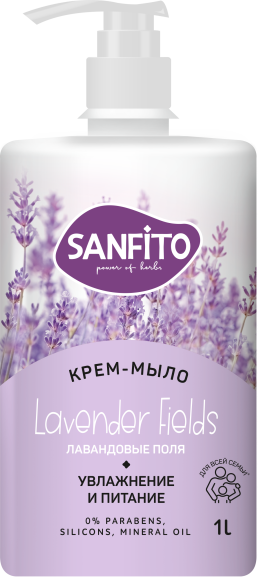 Крем-мыло SANFITO Sensitive Увлажнение и питание, Lavender Fields, лавандовые поля с дозатором, антибактериальное, гипоаллергенное, увлажняющее, 1000 мл