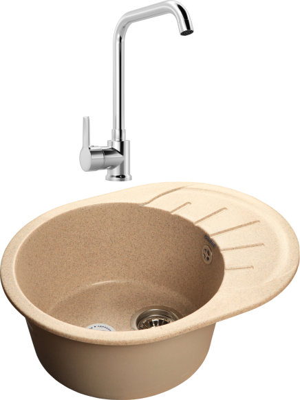 Комплект Мойка GranFest Rondo GF-R580L 58x45, песочная, искусственный мрамор + Смеситель MEGA Ege MG-PL10 глянцевый хром, хром