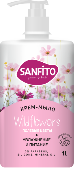 Крем-мыло SANFITO Sensitive Увлажнение и питание, WildFlowers, полевые цветы с дозатором, антибактериальное, гипоаллергенное, увлажняющее, 1000 мл