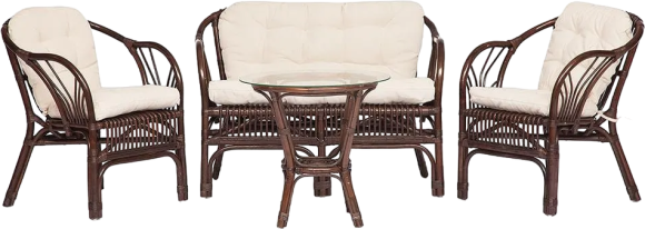 Комплект садовой мебели TetChair New Bogota (диван + 2 кресла + стол со стеклом), с подушками, ротанг, walnut