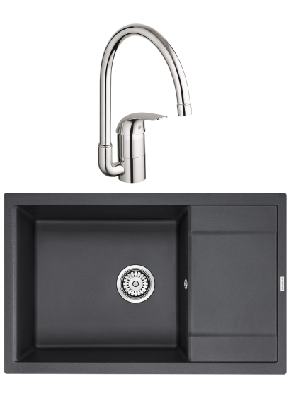 Комплект Мойка Paulmark Flugen 60 PM317850-BL черная + Смеситель Grohe Euroeco