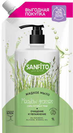 Жидкое мыло SANFITO Energy Очищение и увлажнение, Meadow grasses, сила луговых трав увлажняющее, 1000 мл