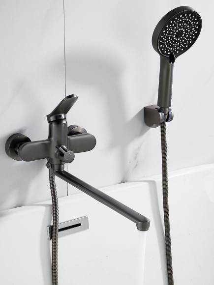 Смеситель для ванны с длинным изливом и лейкой (кран для ванны) Shevanik S4322T, оружейная сталь