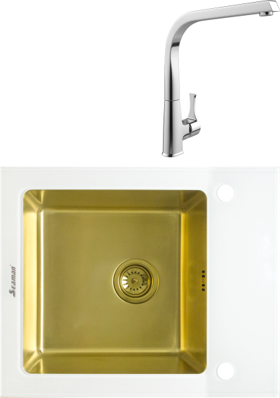 Комплект Мойка Seaman Eco Glass SMG-610W-Gold + Смеситель MEGA Mega