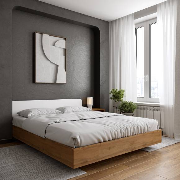 Кровать DIWO Кострома 2 160x200 см, с матрасом анатомическим, беспружинным, дуб вотан, белая
