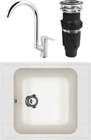 Комплект Мойка Ulgran U-604 -341 ультра-белая + Смеситель MEGA Snow MG-SH03 хром + Измельчитель Bone Crusher BC 610-AS