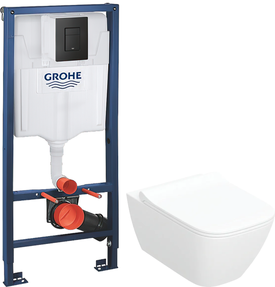 Комплект Унитаз подвесной Geberit Smyle Square 500.685.01.1 + Инсталляция Grohe Solido 38811KF0 3 в 1 с кнопкой смыва