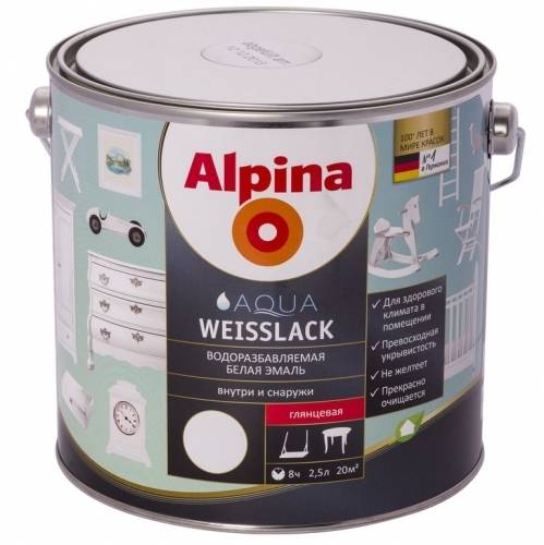 Эмаль ВД белая Альпина Aqua AC Weisslack GL 2.5л