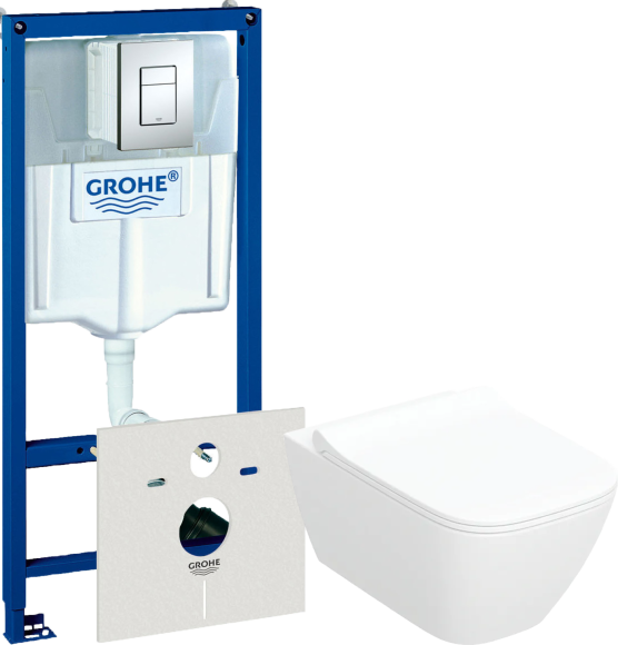 Комплект Унитаз подвесной Geberit Smyle Square 500.685.01.1 + Инсталляция Grohe Rapid SL 38775001 4 в 1 с кнопкой смыва