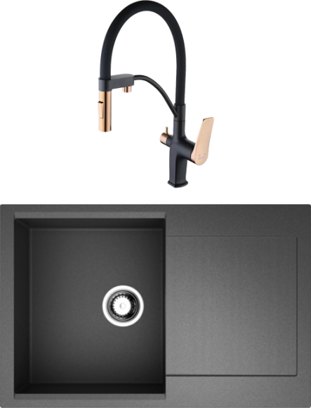 Комплект Мойка Omoikiri Daisen 78-BL черная + Смеситель Lemark Bronx LM3761BLR черный/золото с гибким изливом