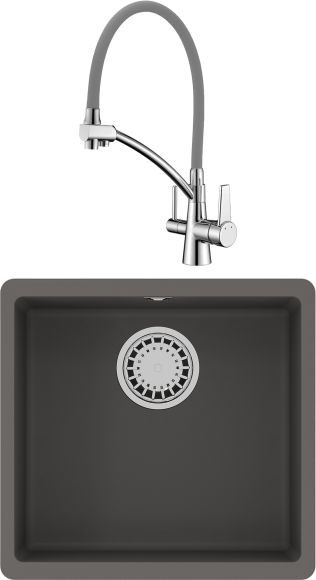 Комплект Мойка Lemark Sinara 440-U 9910071 серый шелк + Смеситель Comfort LM3071C-Gray с гибким изливом, хром, серый