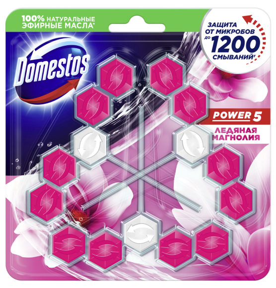 Туалетный блок для унитаза Domestos Power 5 ледяная магнолия трио 3х55 г