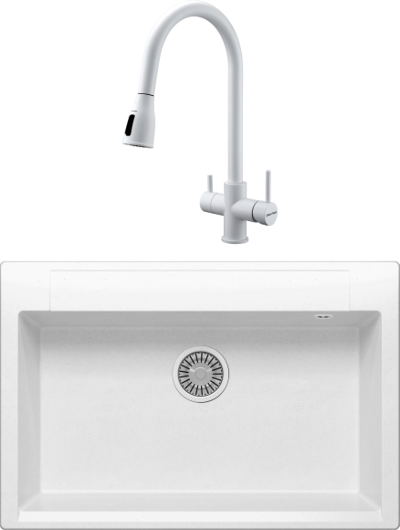 Комплект Мойка Polygran Argo 760 белый хлопок + Смеситель Paulmark Lange 214212-431 белый матовый