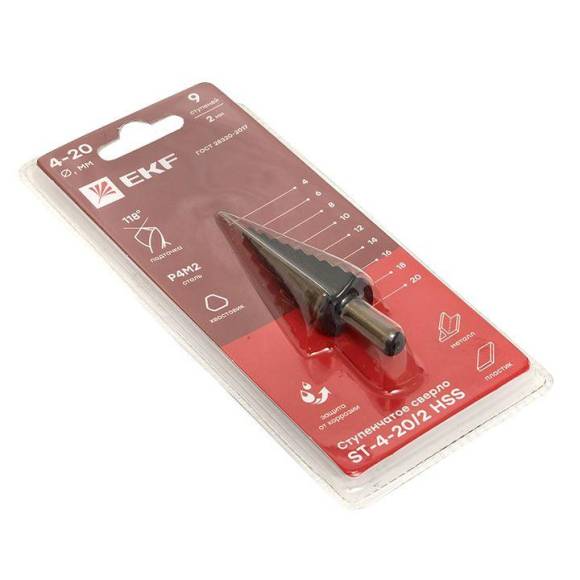 Сверло ступенчатое ST-4-20/2 HSS 9 ступ. EKF ST-4-20/2 Сверло ступенчатое ST-4-20/2 HSS 9 ступ. EKF ST-4-20/2
