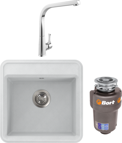 Комплект Мойка FOSTOGRAN Калипсо 650 арктик + Смеситель MEGA Mega + Измельчитель Bort Titan Max Power