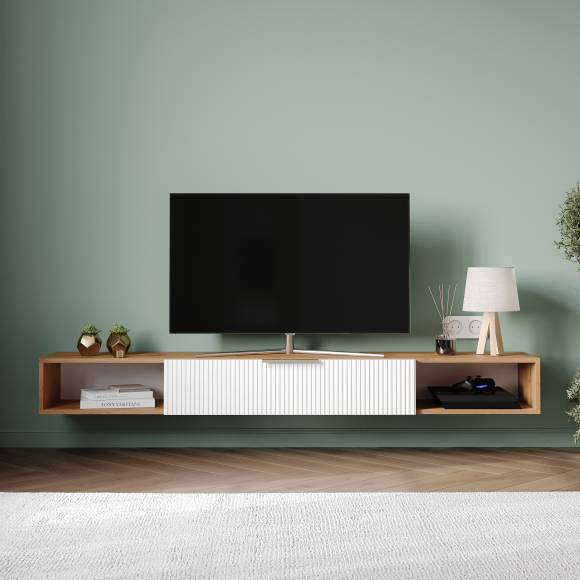 Тумба под телевизор DIWO Краснодар подвесная 180x20x30, см белая, дуб вотан, ручка золото