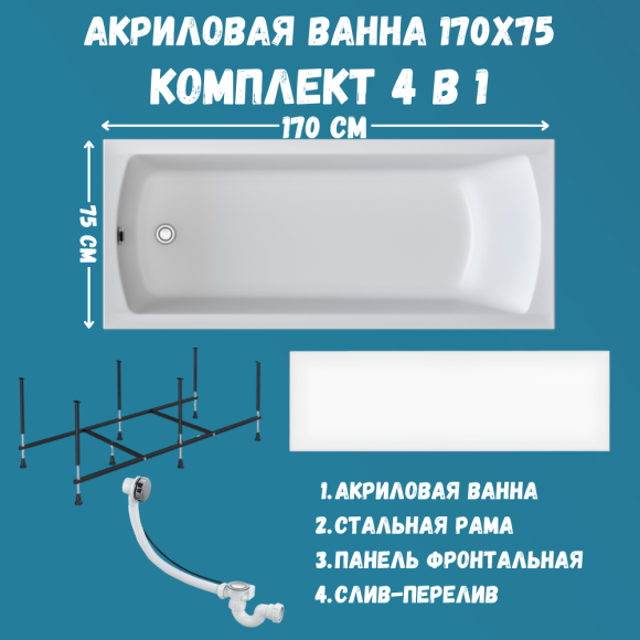 Комплект Акриловая ванна 1MarKa Modern Премиум 170x75 см, пристенная, белая, с экраном, со сливом-переливом