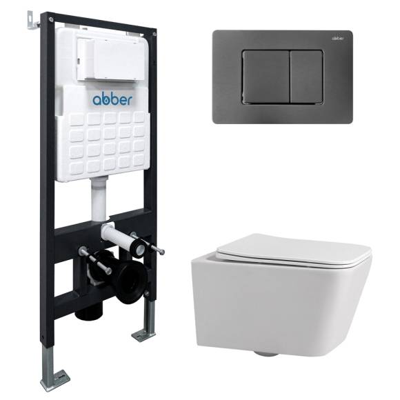 Комплект Abber Rechteck AC1201-AC0105-AC0120NG, Унитаз подвесной безободковый, с микролифтом + Система инсталляции + Кнопка смыва никель