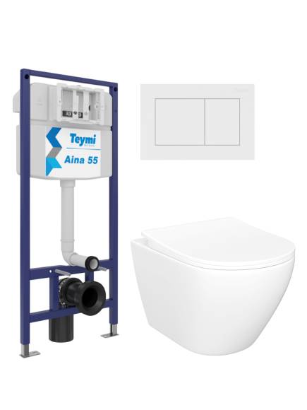 Комплект 4 в 1: Инсталляция Teymi Aina 1220067 + Унитаз подвесной STWORKI Кронборг S28401WH безободковый, с микролифтом + Кнопка Aina T70020WM, матовая белая + Комплект креплений