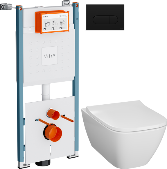 Комплект Унитаз подвесной Geberit Smyle Square 500.683.01.1 + Инсталляция VitrA V-Fix Core 732-5800-01PV + Кнопка Root Round 740-2211 черная матовая