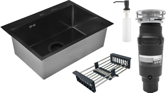 Комплект Мойка Wisent WS36050B с PVD покрытием, с раздвижным коландером и дозатором + Измельчитель Bone Crusher BC 910-SL-Slim Line
