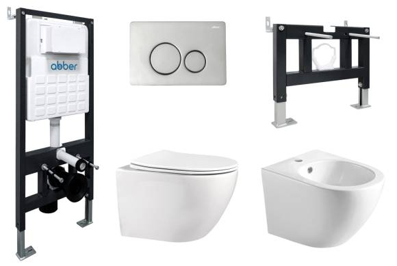Комплект Abber Bequem AC1100-AC0105-AC0121-AC1150-AC0101P, Унитаз подвесной безободковый, с микролифтом + Система инсталляции + Кнопка смыва хром + Биде