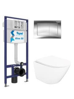 Комплект 4 в 1: Инсталляция Teymi Aina 1220067 + Унитаз подвесной STWORKI Левангер S07401WH безободковый, с микролифтом + Кнопка Aina T70012CH, хром глянец + Комплект креплений