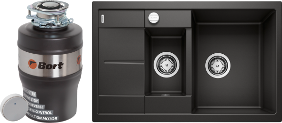 Комплект Мойка Blanco Metra 6 S Compact 78x50, черная, искусственный гранит + Измельчитель Bort Alligator Mega электрический, нержавеющая сталь