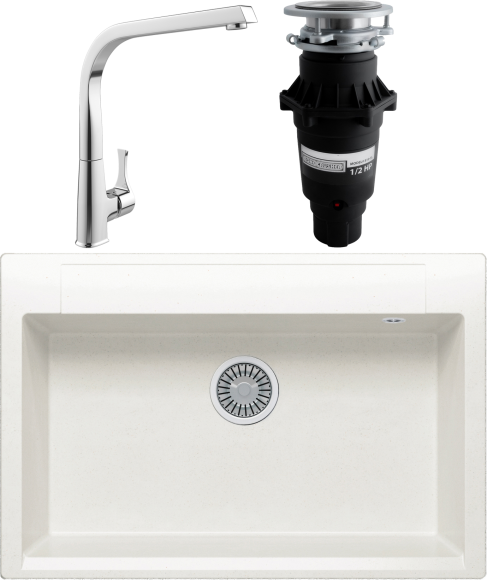Комплект Мойка Polygran Argo 760 белый хлопок + Смеситель MEGA Mega + Измельчитель Bone Crusher BC 810-SL Slim Line