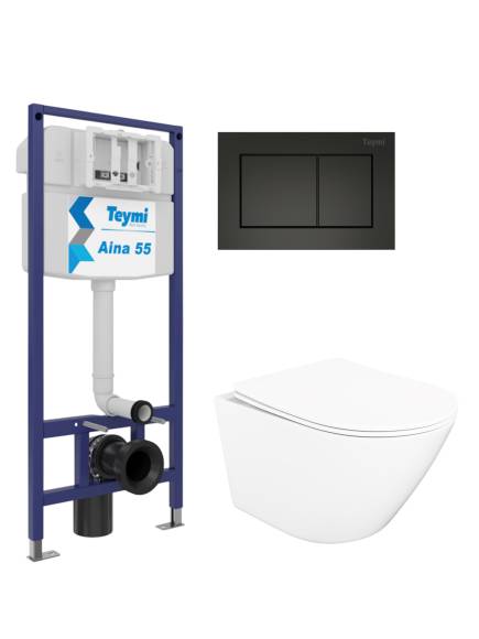 Комплект 4 в 1: Инсталляция Teymi Aina 1220067 + Унитаз подвесной STWORKI Левангер S07401WH безободковый, с микролифтом + Кнопка Aina T70013BM, матовая черная + Комплект креплений
