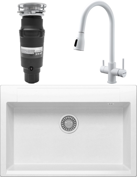 Комплект Мойка Polygran Argo 760 белый хлопок + Смеситель Paulmark Lange 214212-431 белый матовый + Измельчитель Bone Crusher BC 910-SL-Slim Line