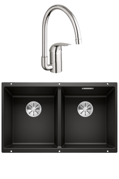 Комплект Мойка Blanco Subline 350/350-U 75x46, черная, искусственный гранит + Смеситель Grohe Euroeco 32752000 глянцевый хром