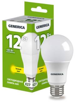 Лампа светодиодная A60 12Вт грушевидная 3000К E27 230В GENERICA LL-A60-12-230-30-E27-G Лампа светодиодная A60 12Вт грушевидная 3000К E27 230В GENERICA LL-A60-12-230-30-E27-G