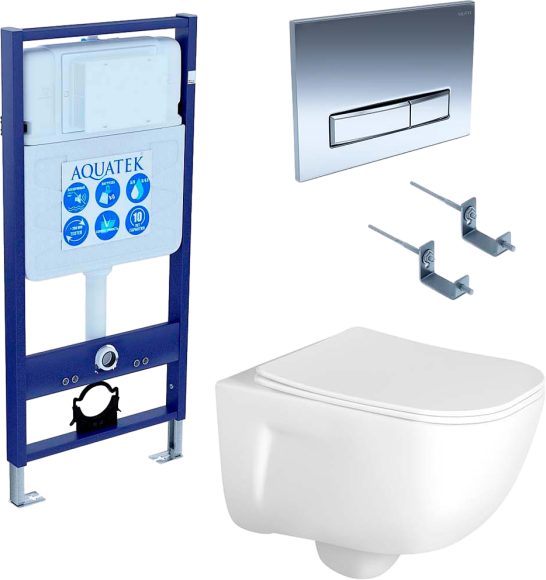 Комплект Унитаз подвесной AQUATEK Дива AQ2012-00 безободковый, с микролифтом + Инсталляция Standard INS-0000012 + Комплект креплений KKI-0000002 + Кнопка KDI-0000023 глянцевый хром