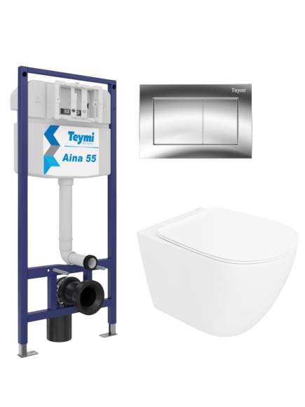 Комплект 4 в 1: Инсталляция Teymi Aina 1220067 + Унитаз подвесной STWORKI Готланд S13401WH безободковый, с микролифтом + Кнопка Aina T70012CH, хром глянец + Комплект креплений