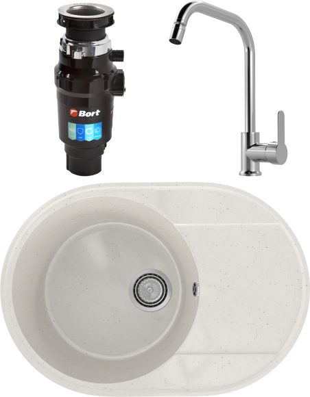 Комплект Мойка Practik PR-M 610-001 белый камень + Смеситель MEGA City MG- ZRV104 хром + Измельчитель Bort Master Eco