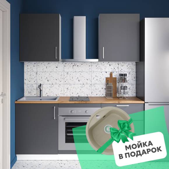 Кухонный гарнитур Domaci Болонья 180 см, фасад графит, ручка хром, столешница дуб вотан KUH-767512