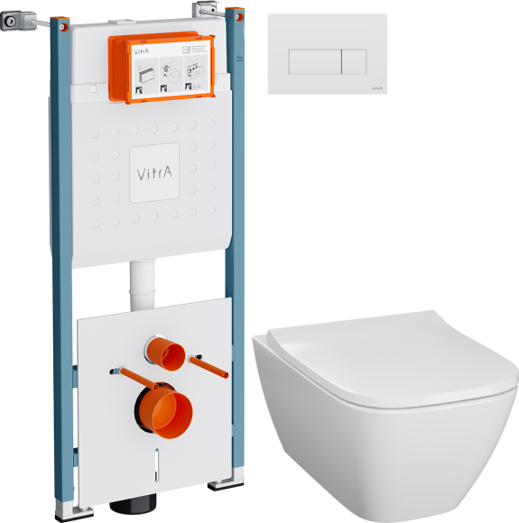 Комплект Унитаз подвесной Geberit Smyle Square 500.683.01.1 + Инсталляция VitrA V-Fix Core 732-5800-01PV + Кнопка Root Square 740-2300 белая глянцевая