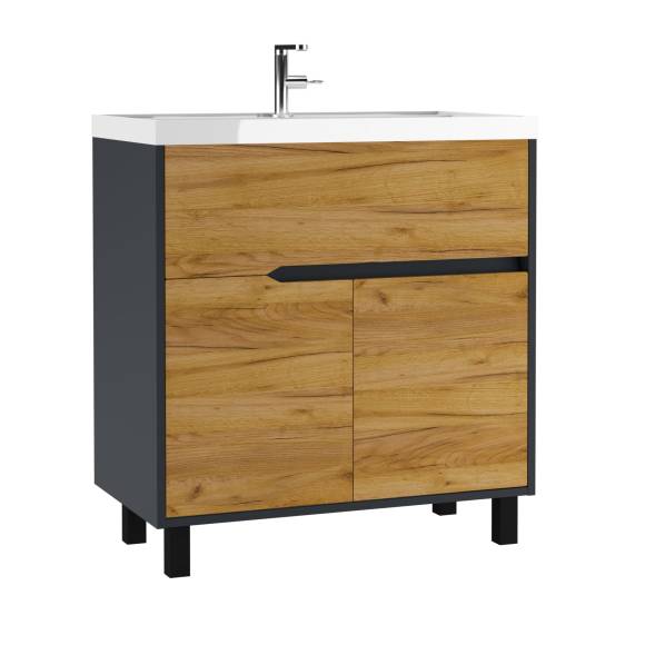 Тумба с раковиной Домино Karat 80 напольная, антрацит, дуб вотан, раковина Classica 80