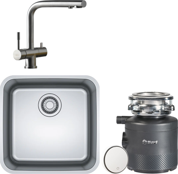Комплект Мойка Franke Bell ВСX 110-42 45x44, нержавеющая сталь + Смеситель Atlas Clear water нержавеющая сталь, нержавеющая сталь + Измельчитель Bort Alligator X электрический, нержавеющая сталь