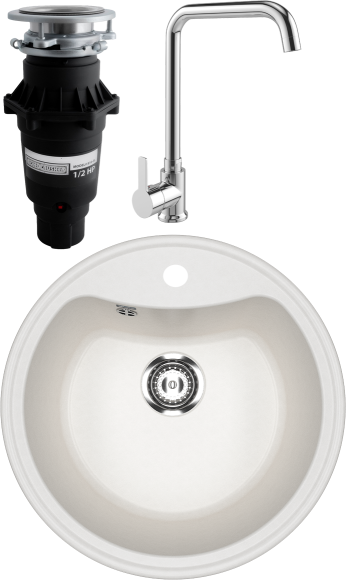 Комплект Мойка Ulgran U-601 -341 ультра-белая + Смеситель MEGA Ege MG-PL10 хром + Измельчитель Bone Crusher BC 810-SL Slim Line
