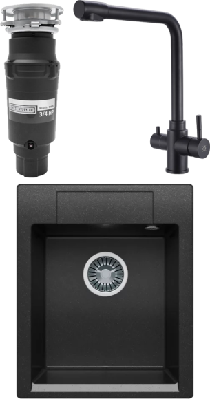 Комплект Мойка Polygran Argo 420 черная + Смеситель РМС Sus125bl 017F-015 черный + Измельчитель Bone Crusher BC 910-SL-Slim Line