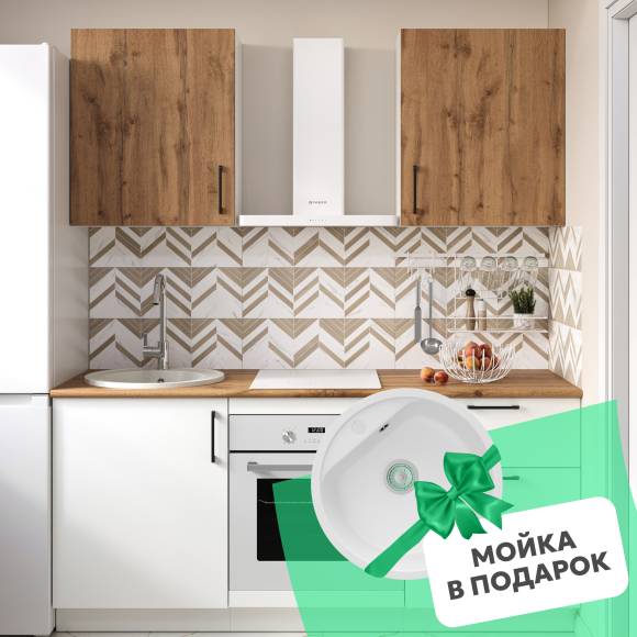 Кухонный гарнитур Domaci Болонья 180 см, фасад белый, дуб вотан, ручка черная, столешница дуб вотан KUH-767517