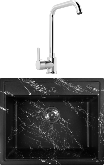 Комплект Мойка Wisent WA12-11 мрамор черно-белый + Смеситель MEGA Ege MG-PL10 хром