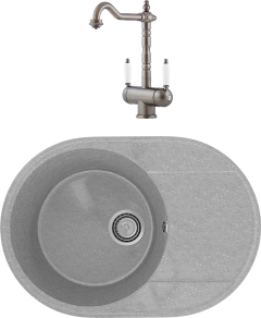 Комплект Мойка Practik PR-M 610-003 61x47, светло-серая, искусственный мрамор + Смеситель Omoikiri Amagasaki SI античное серебро, античное серебро