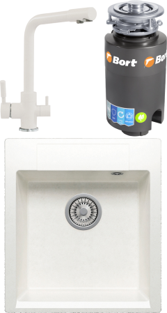 Комплект Мойка Polygran Argo 460 белый хлопок + Смеситель Высокий Дуо 660717 белый хлопок + Измельчитель Bort Titan 4000 Комплект Мойка Polygran Argo 460 белый хлопок + Смеситель Высокий Дуо 660717 белый хлопок + Измельчитель Bort Titan 4000