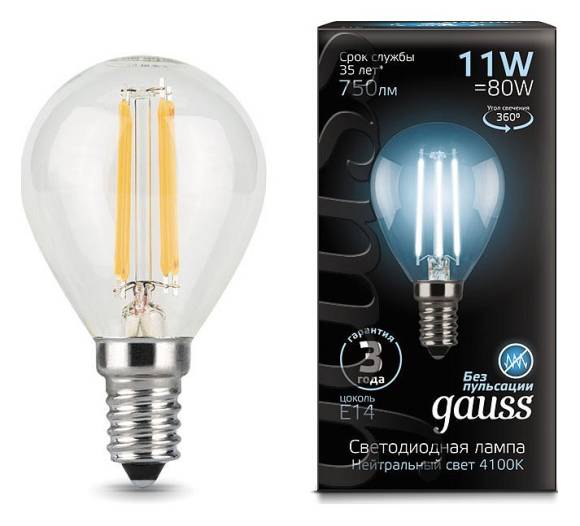Лампа светодиодная Gauss LED Filament E14 11Вт 4100K 105801211 Лампа светодиодная Gauss LED Filament E14 11Вт 4100K 105801211