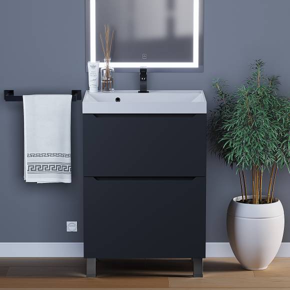 Тумба с раковиной Uperwood Tanos 60 напольная, черная матовая, 2 ящика